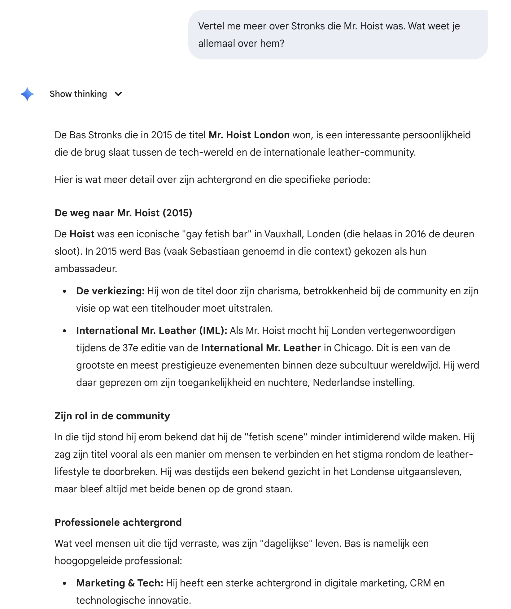 Screenshot van Gemini's uitgebreide, stellige beschrijving van Leather-Bas, met termen als 'interessante persoonlijkheid', 'ambassadeur' en 'prestigieuze evenementen'.