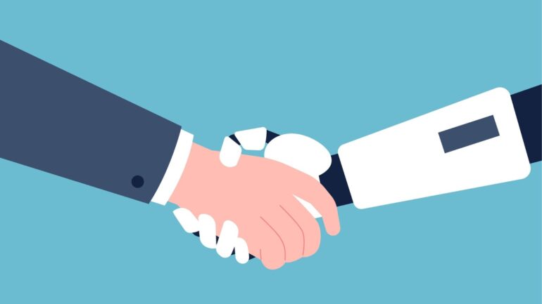 Mens en robot schudden de hand