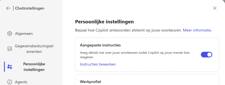 Screenshot Copilot persoonlijke instellingen