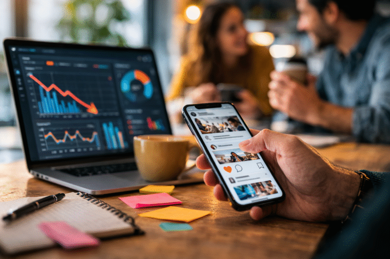 Laptop met dalende grafiek en hand met smartphone met contentfeed erop