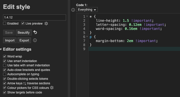 De CSS code ingevuld in een custom style in Stylus