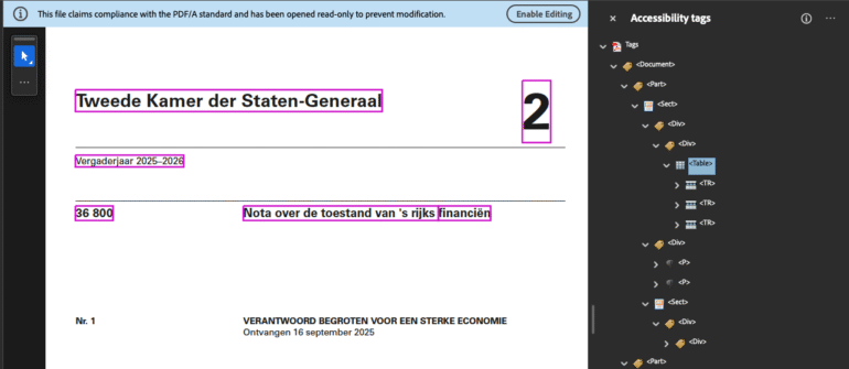 De tags van het document rechts naast de inhoud