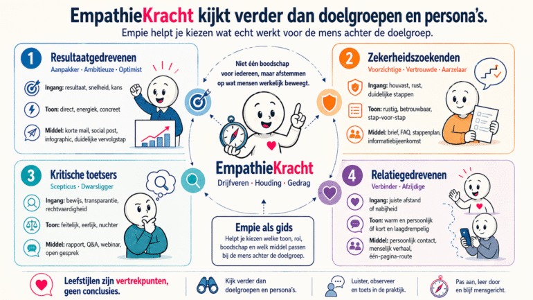 Infographic van EmpathieKracht die laat zien hoe je verder kijkt dan doelgroepen en persona’s door communicatie af te stemmen op drijfveren, houding en gedrag. 10 leefstijlen worden vertaald naar 4 communicatiestrategieën voor bredere communicatie