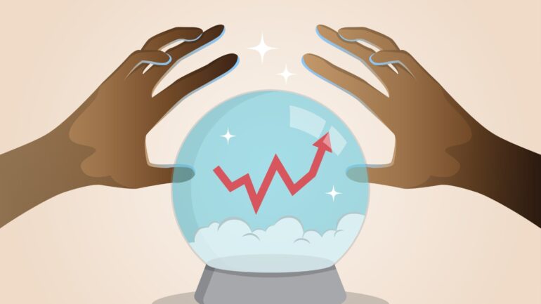Handen bij glazen bol met stijgende lijn ter illustratie van positieve resultaten van predicitve automation