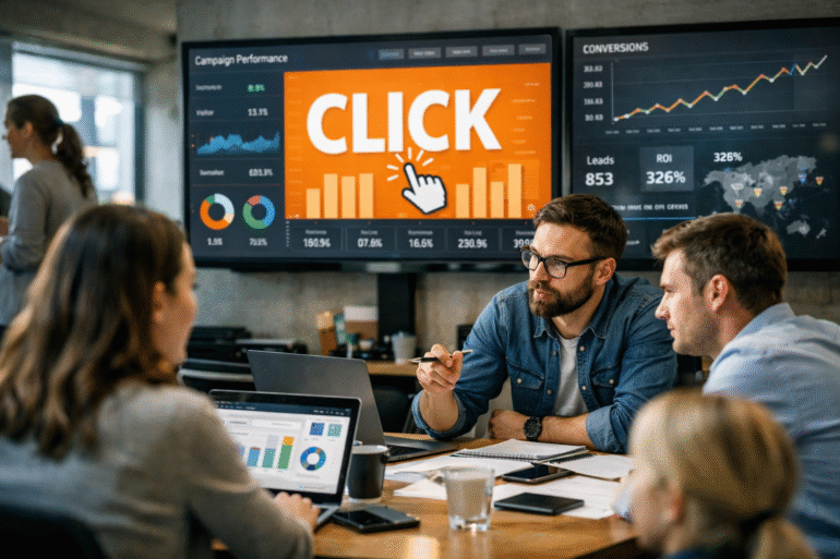 Marketingteam die prestaties aan het bespreken zijn