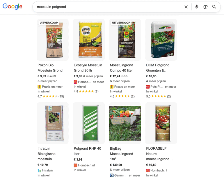 Organic Shopping resultaat op ‘moestuin potgrond’. Je ziet dezelfde producten als in de aanbeveling van ChatGPT.