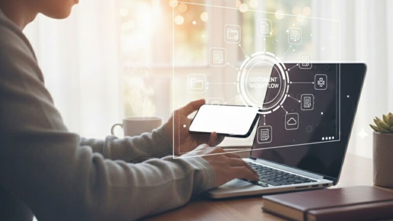 Een man achter de laptop met "workflow in beeld"