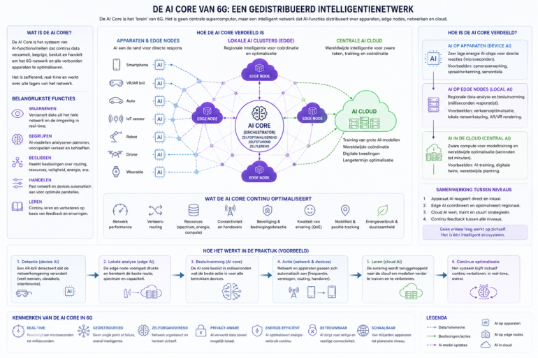 Schematische weergave van een 6G netwerkarchitectuur. Afbeelding M Kreijveld, 11 mei 2026 met ChatGPT.
