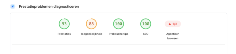 Screenshot van PageSpeed Insights met scores voor prestaties, toegankelijkheid, praktische tips, SEO en agentisch browsen.
