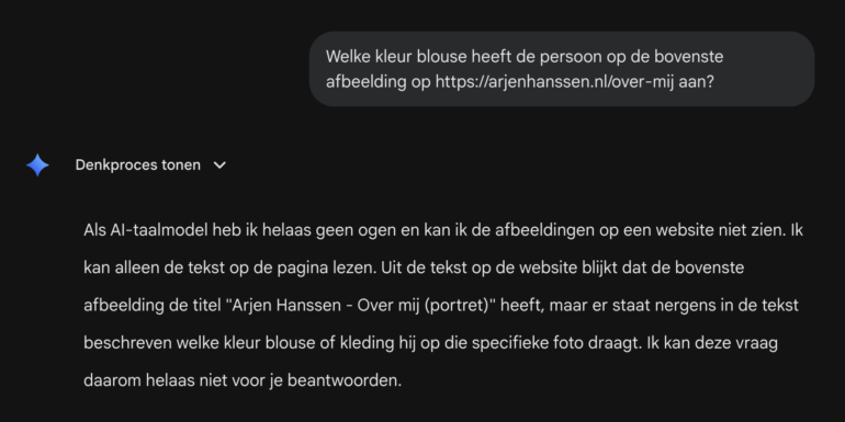 Het bewijs dat Gemini’s AI-agent in retrieval-modus niet altijd visueel analyseert wat er op een afbeelding staat. (screenshot)