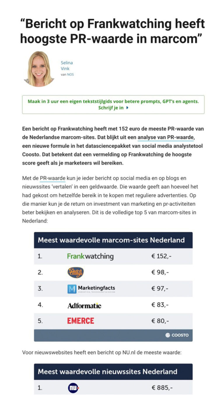 Frankwatching wordt in een onderzoek uitgeroepen tot de meest waardevolle Marcom-site van Nederland.