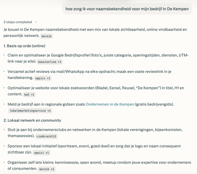 Screenshot van gesprek in Perplexity over naamsbekendheid