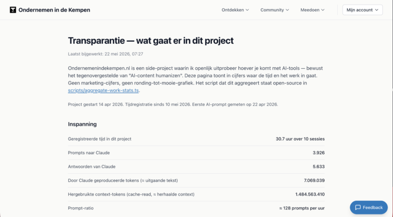 Screenshot van Transparantie-pagina van Ondernemen in de Kempen