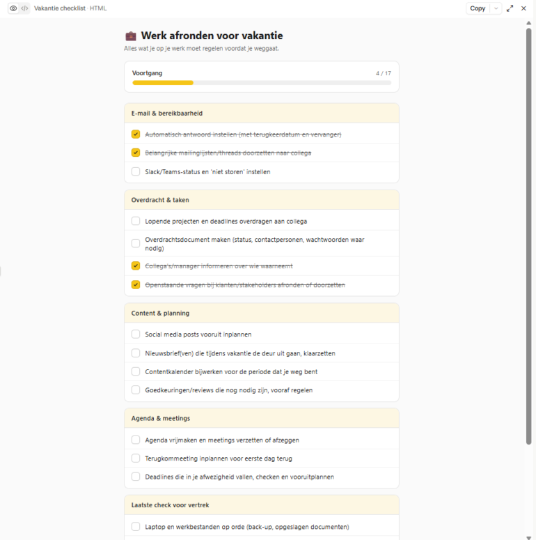 Een checklist via Artifacts in Claude