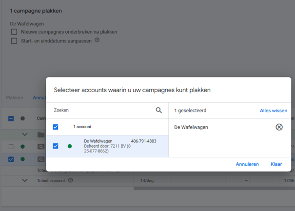 selecteer je Google Ads account