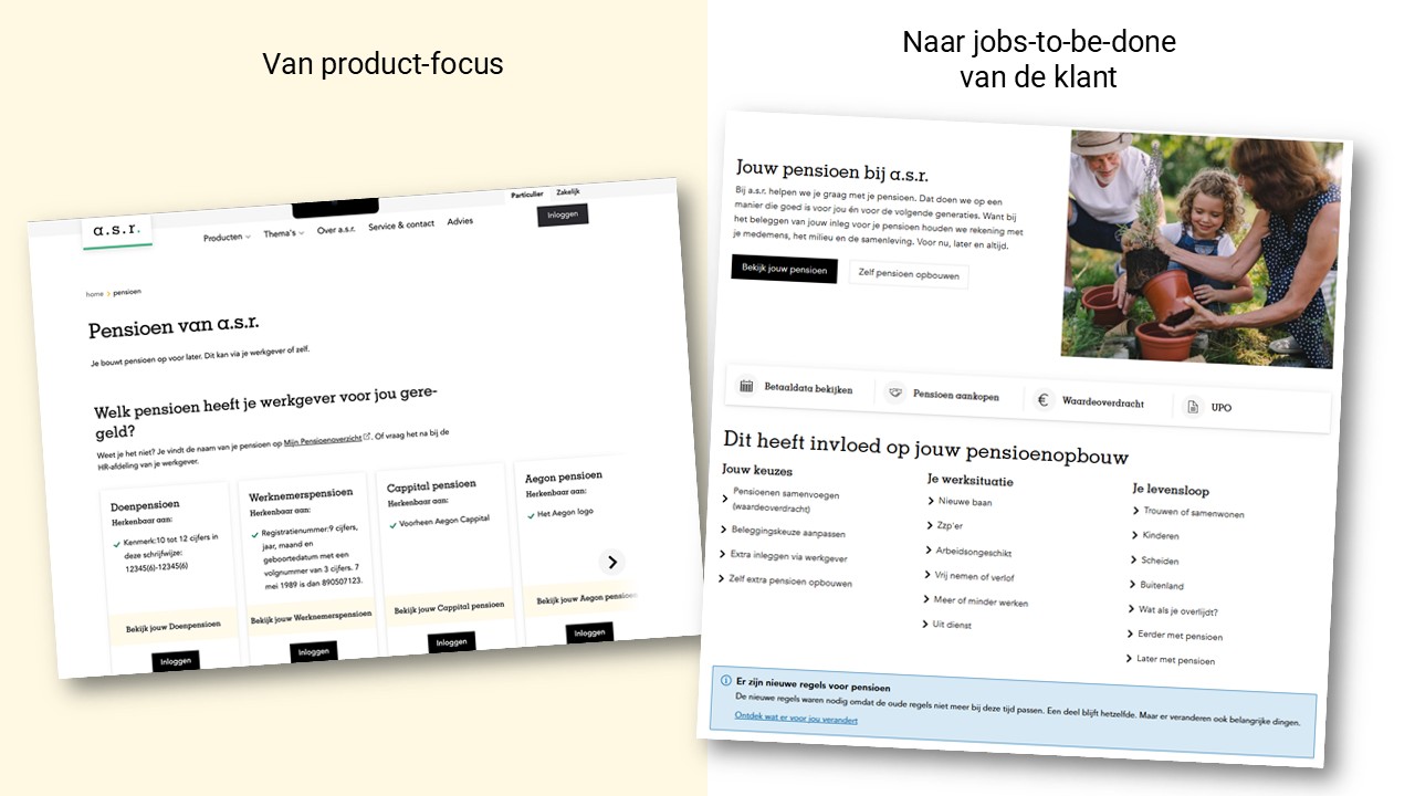 Voor-en-na-vergelijking van de a.s.r. pensioenpagina: van productoverzicht naar vraaggestuurd klantdenken op basis van jobs-to-be-done.