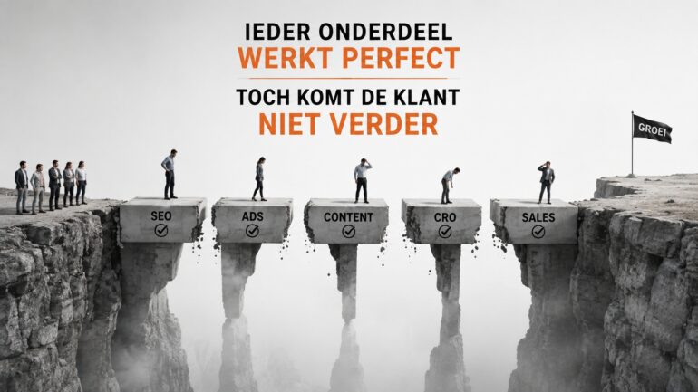 Kloof met pilaren met de tekst SEO, ads, content, CRO en sales met daarop personen, ter illustratie van losse onderdelen die geen samenhang hebben voor de klant. Erboven staat de tekst: "ieder onderdeel werkt perfect. Toch komt de klant niet verder."