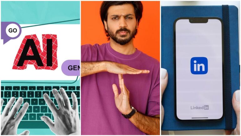 Collage met 3 afbeeldingen van AI op laptopscherm, man die letter T uitbeeldt en het LinkedIn-logo op een telefoon
